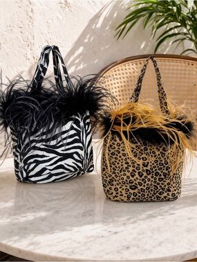 Lot of 2 Reversible Feather Trim Bags Zebra Leopard Boutique Statement NWT